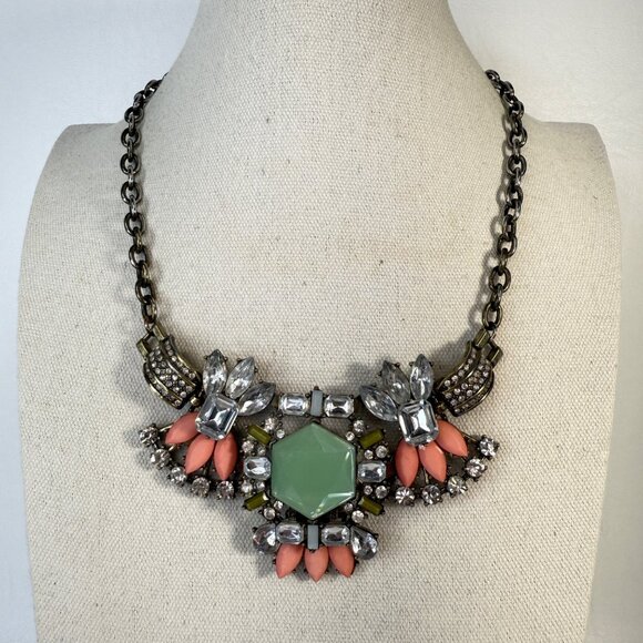 Jeweled Statement Bib Necklace Mint Green Coral Pink - Picture 1 of 9